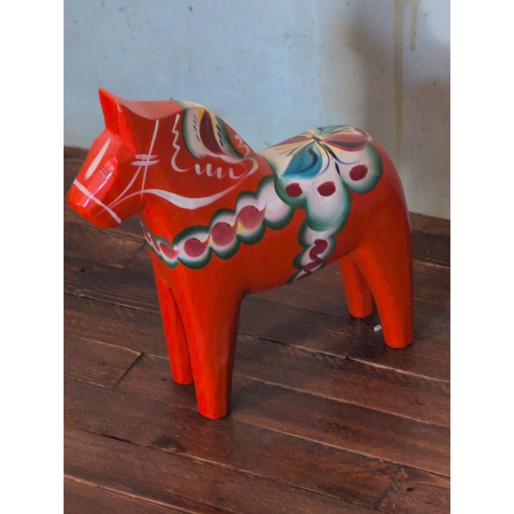 Vtg. Nils Olsson Swedish Dala Horse Orange Hand Painted Wood Figurine 8"